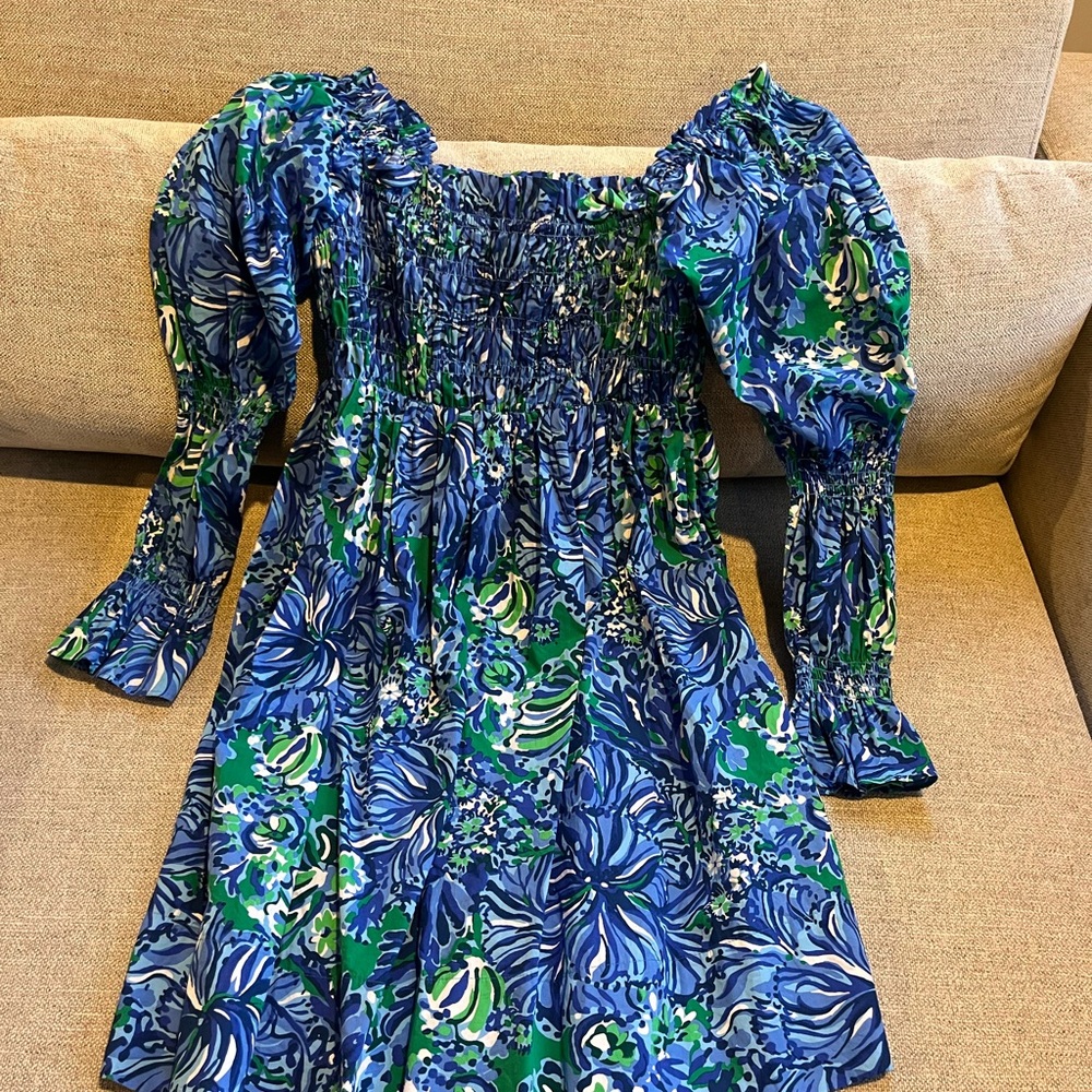 Lilly Pulitzer blue floral dress off shoulder style size S excellent shape